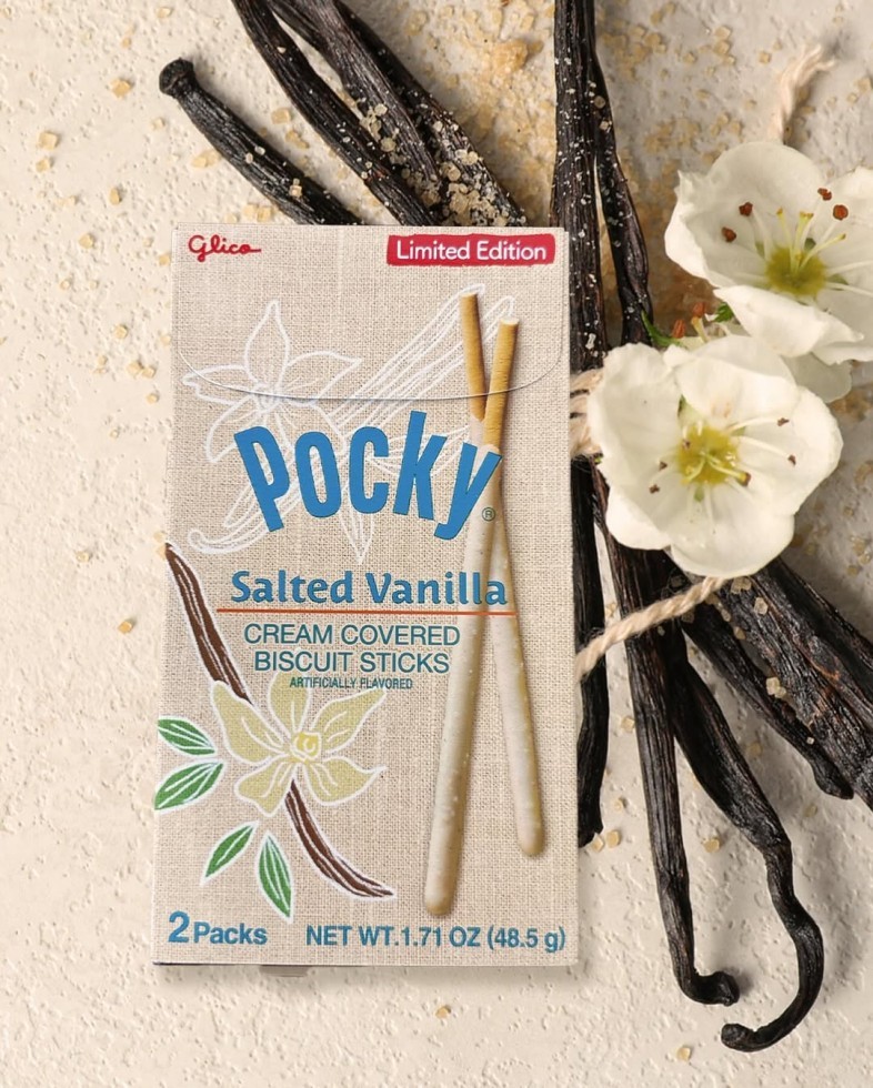 Pocky Salted Vanilla Front Packaging with Vanilla Beans Background