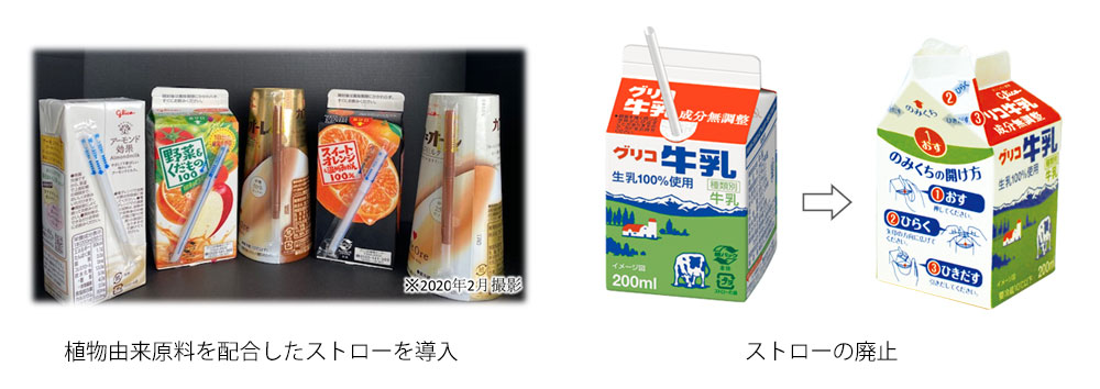 植物由来原料を配合したストローを導入した商品と、ストローを廃止した牛乳の商品画像