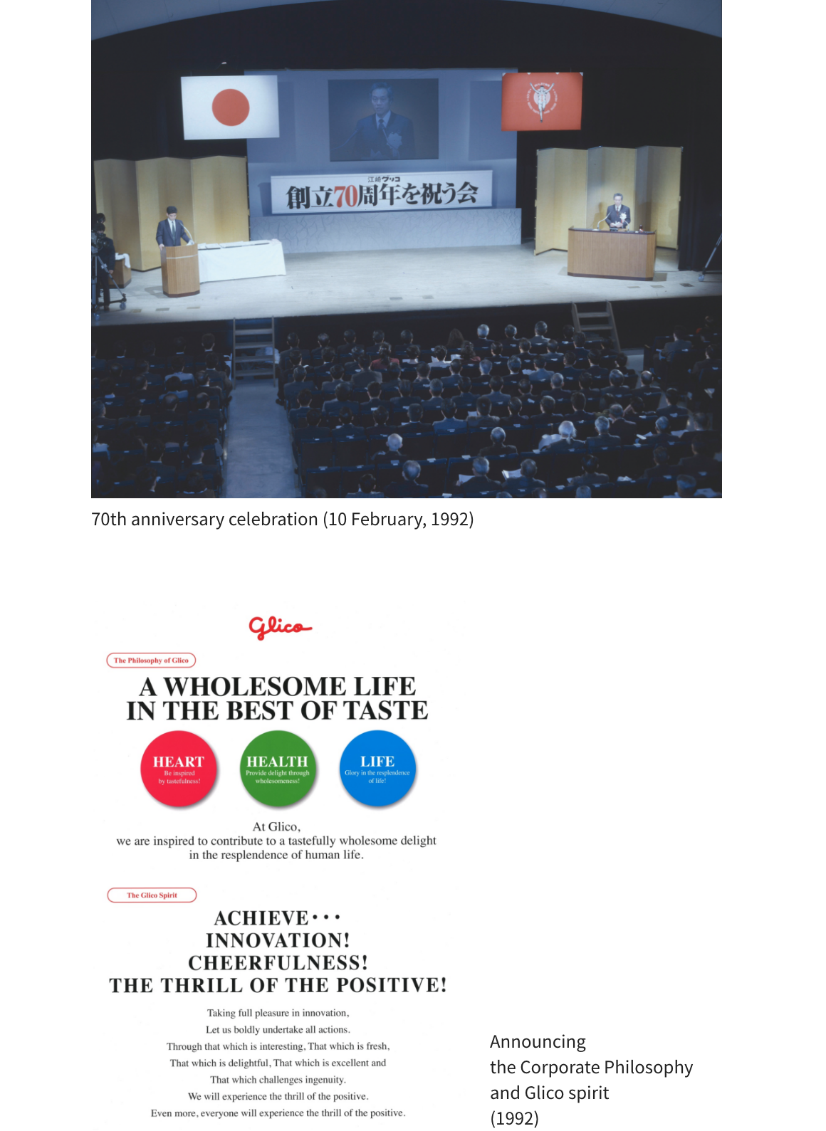 70th anniversary celebration (10 February, 1992) Announcing the Corporate Philosophy and Glico spirit (1992)