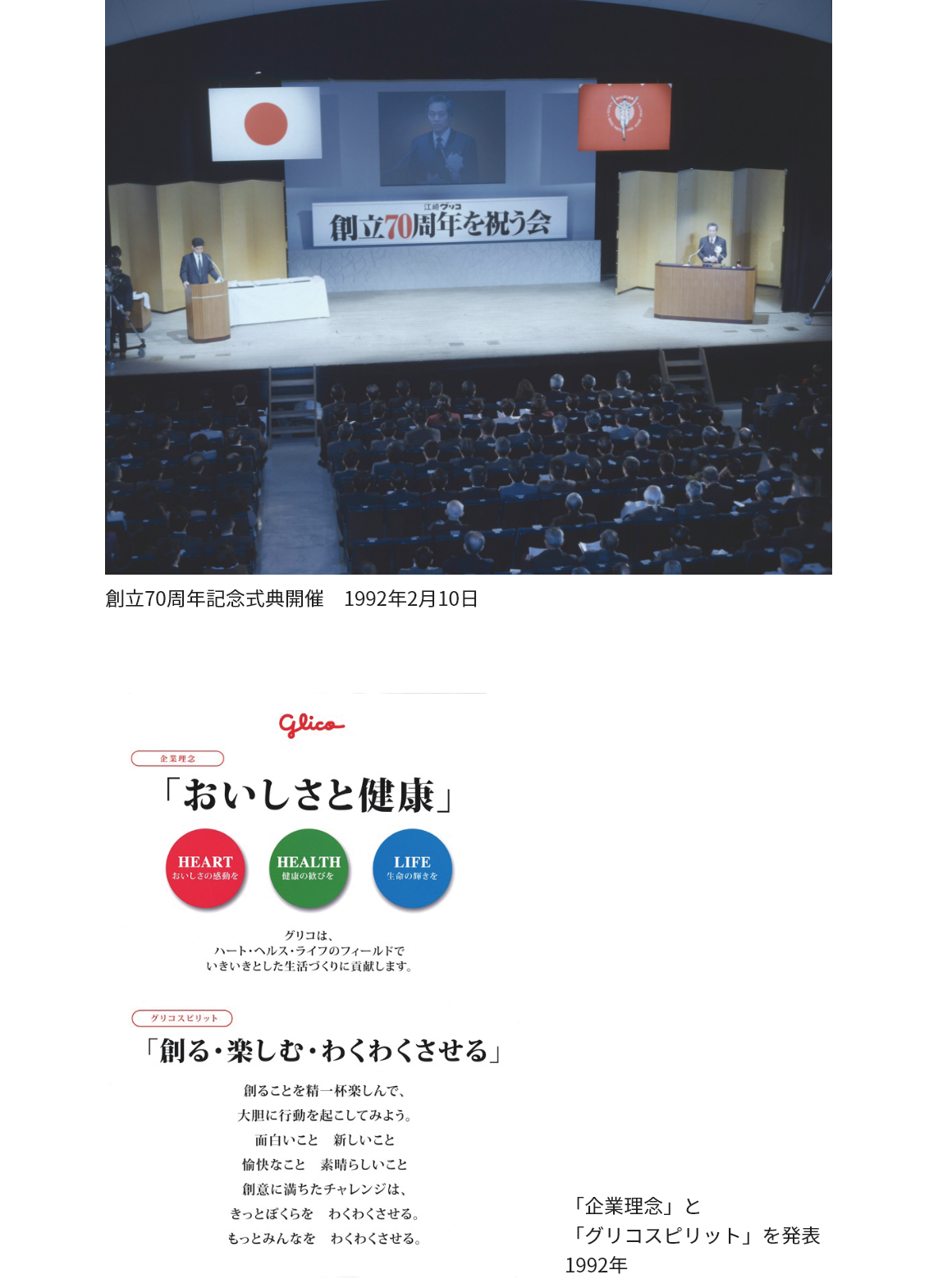 創立70周年記念式典開催 1992年2月10日 「企業理念」と「グリコスピリット」を発表 1992年