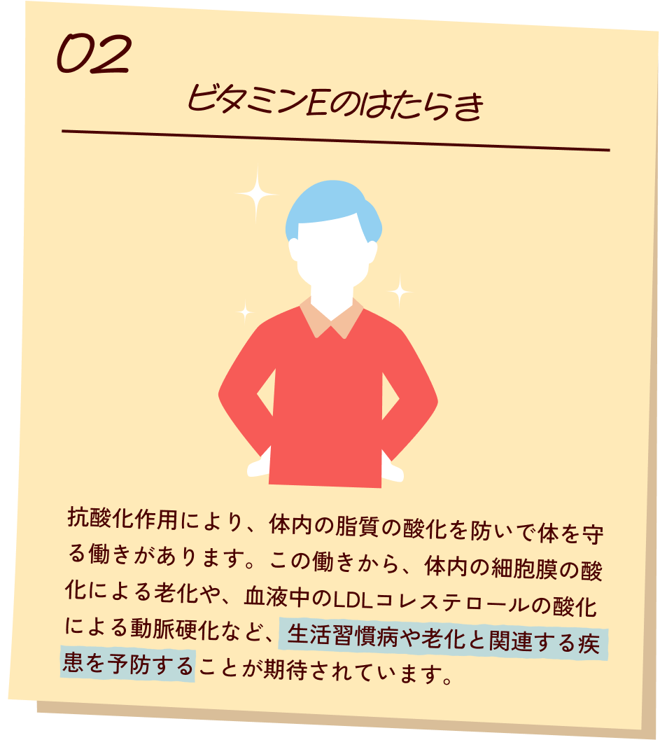 2 ビタミンEのはたらき 抗酸化作用により、体内の脂質の酸化を防いで体を守る働きがあります。この働きから、体内の細胞膜の酸化による老化や、血液中のLDLコレステロールの酸化による動脈硬化など、生活習慣病や老化と関連する疾患を予防することが期待されています。