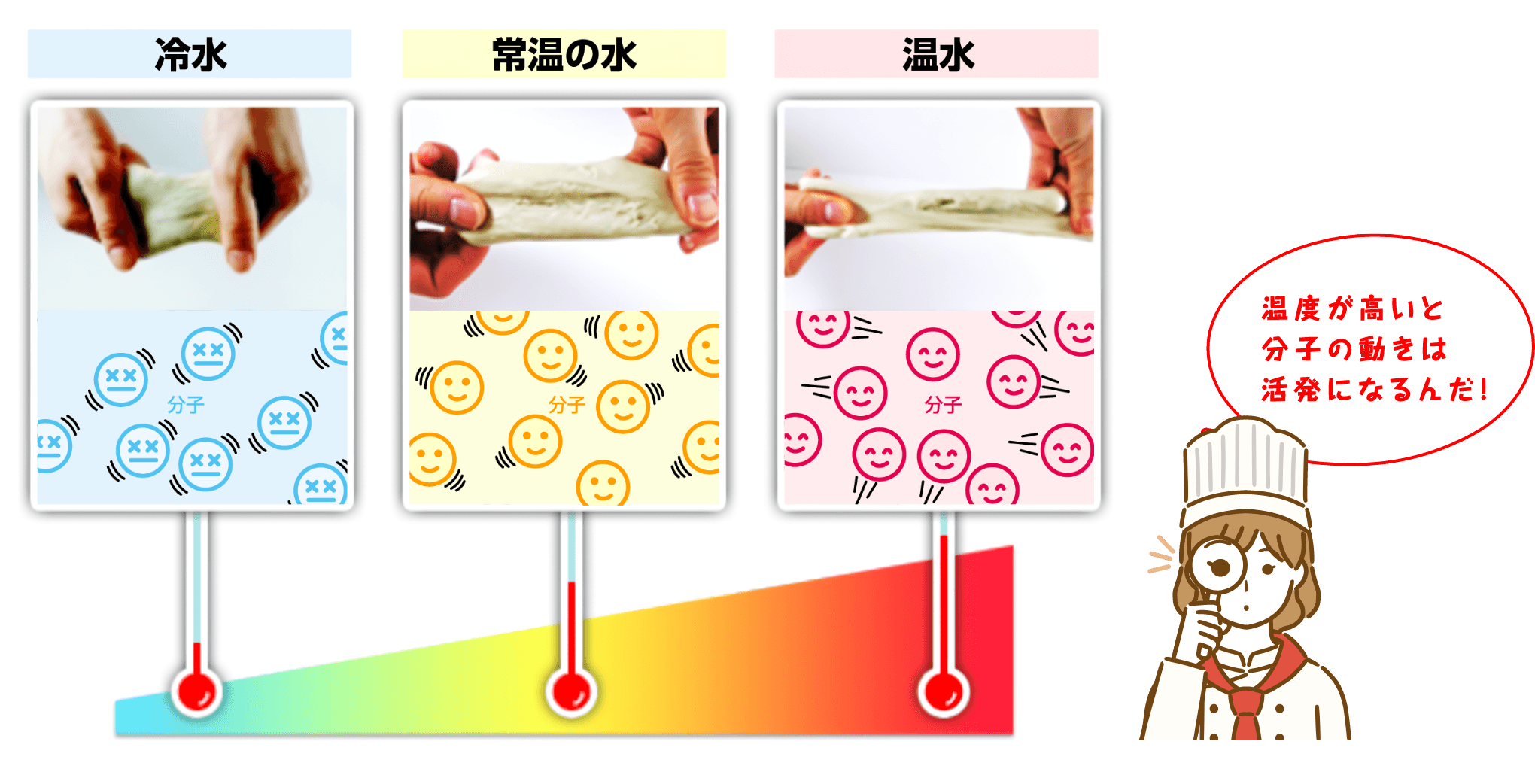 冷水 常温の水 温水 温度が高いと分子の動きは活発になるんだ